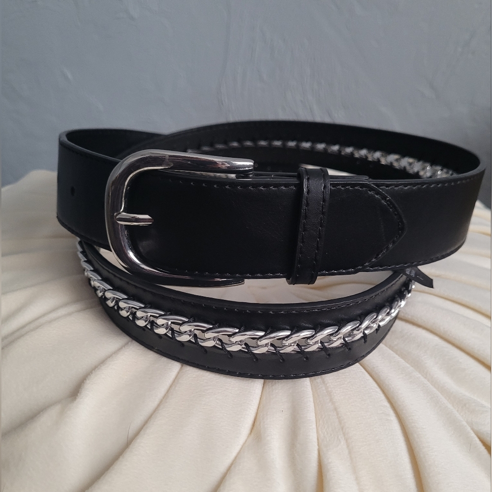 torrid Black Faux Leather Belt with Silver Chain Detail